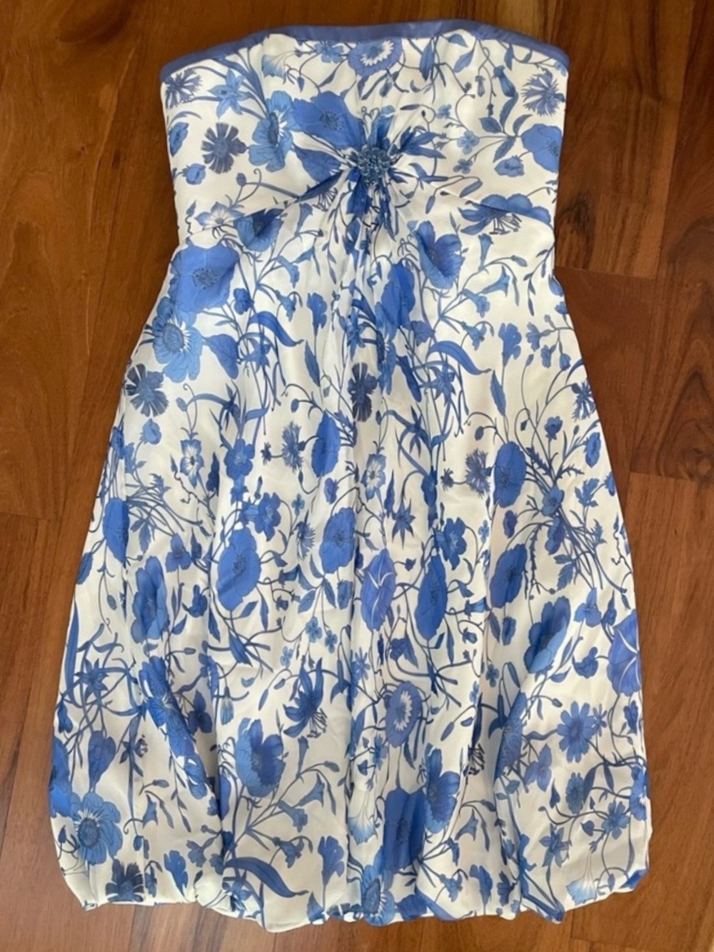 Badgley Mischka blue ivory floral pattern strapless satin cocktail formal dress